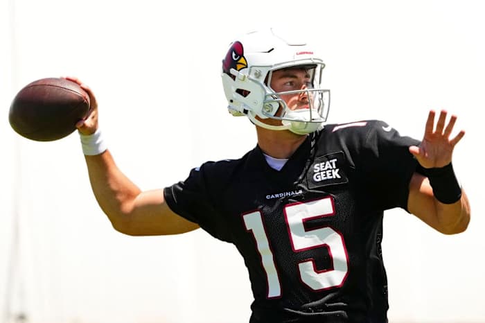 Arizona Cardinals rookie quarterback Clayton Tune throws a pass during mandatory minicamp